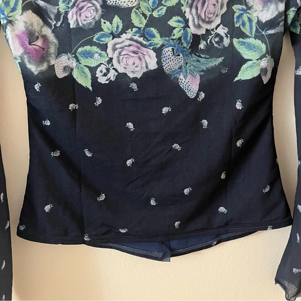Free People Home Grown Mesh‎ Cardi Navy Blue Combo Floral Button down Small NWOT